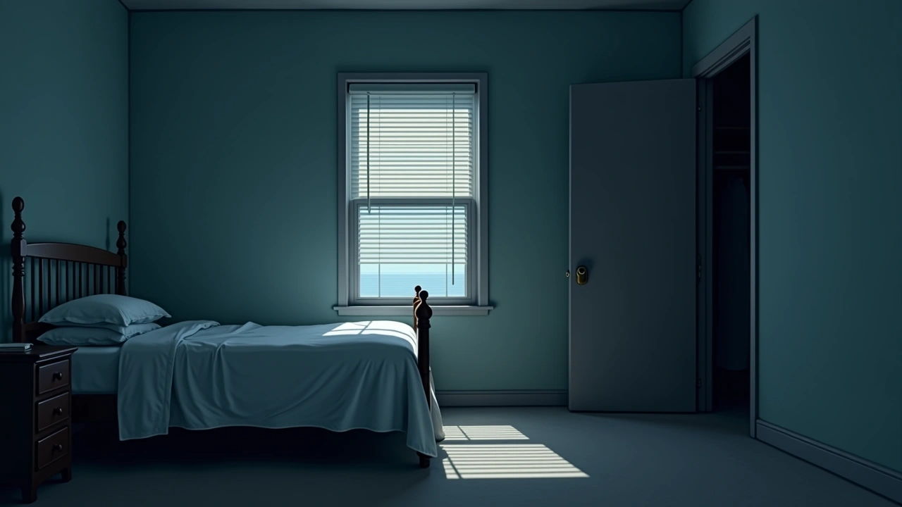 Illustration: a vacation house bedroom at night with the blinds swaying and a closet door left half open.