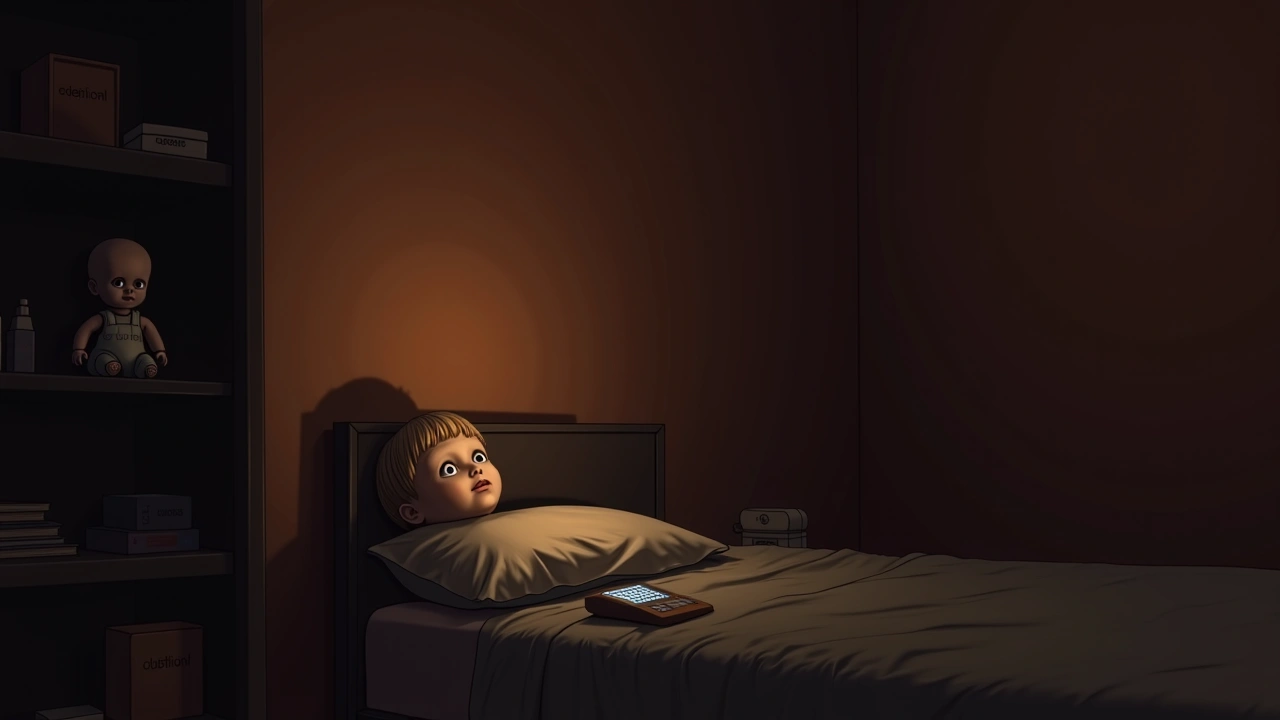 Illustration: a dim bedroom with an old doll on a shelf and a phone glowing on the bed.