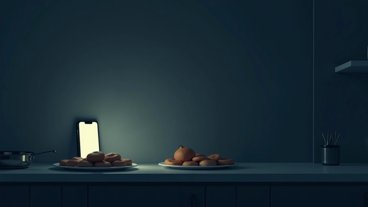 Illustration: A plate of food on a kitchen counter beside a glowing phone screen.
