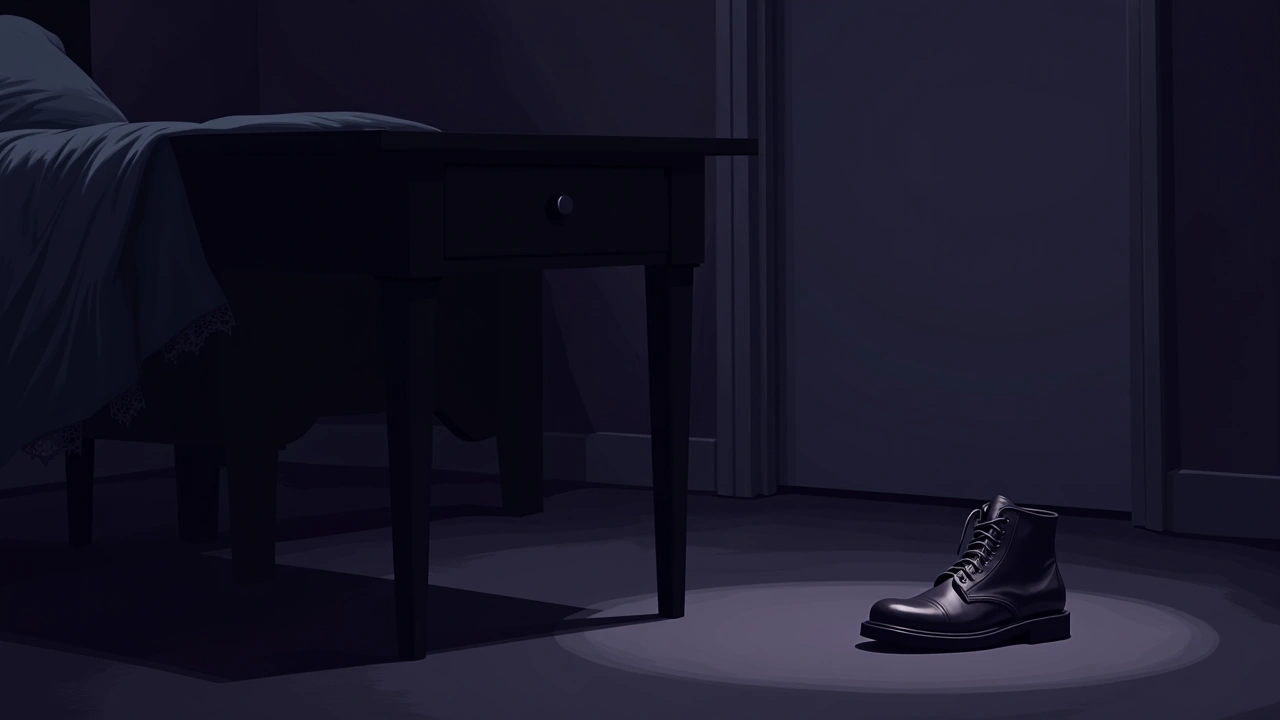 Illustration: a single shoe placed under a table in a dim bedroom.