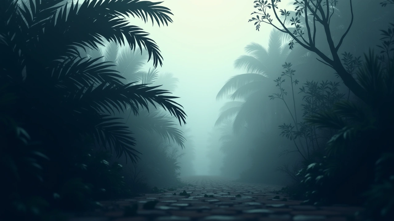 Illustration: A leafy tropical bush in a garden, bright daylight.