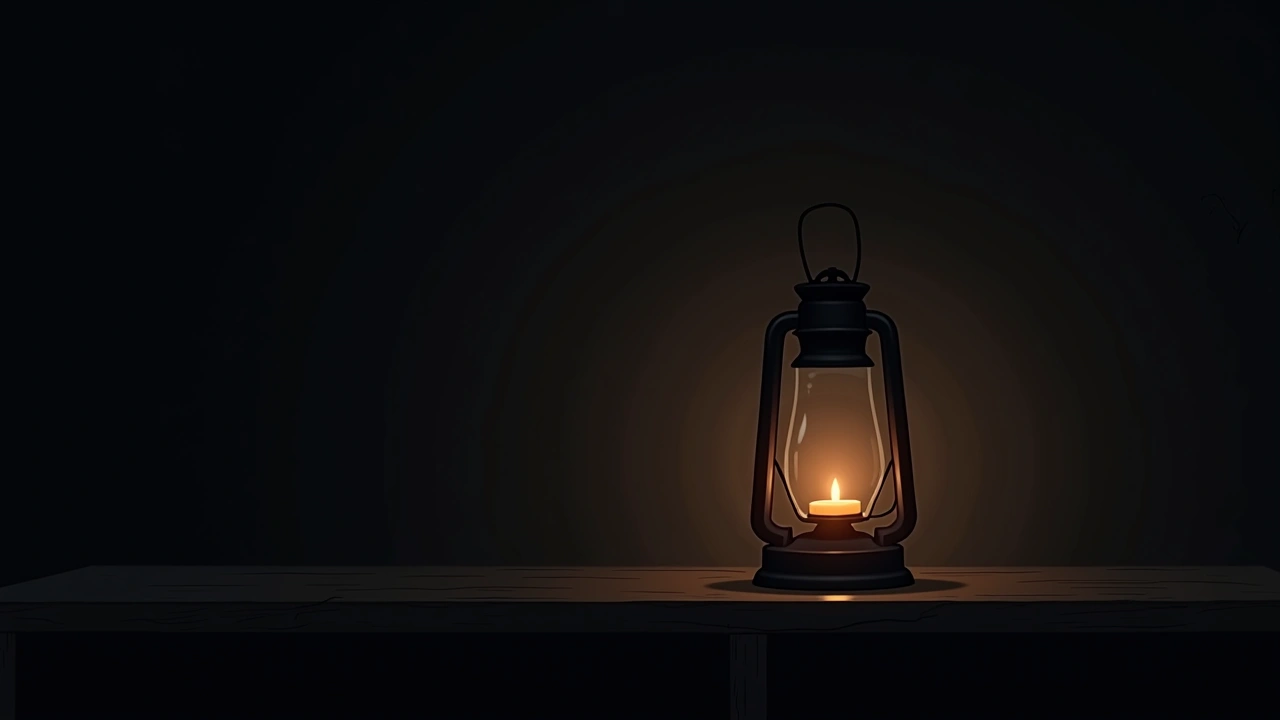 Illustration: a glass candle lantern alone on a dark wooden shelf, faint eerie glow.