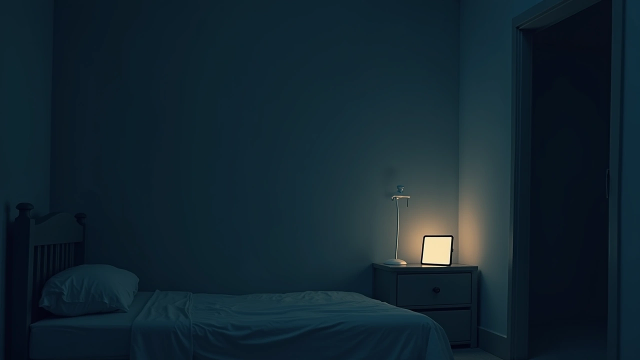 Illustration: A cozy room at dusk with a tablet glowing softly on a shelf, and a faint warm light in the corner.