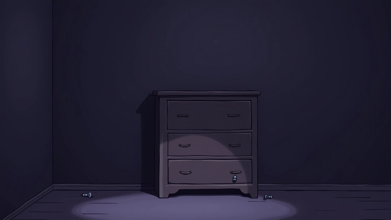 Illustration: a wooden dresser with a loose screw visible, in a quiet bedroom.