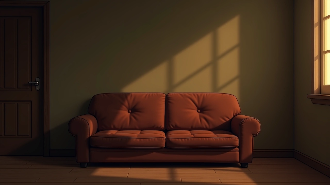 Illustration: a well-worn living room couch in soft afternoon light.