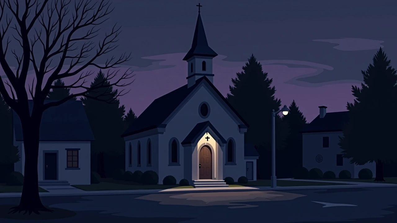 Illustration: a small neighborhood church at night, seen from a dark, empty street corner.