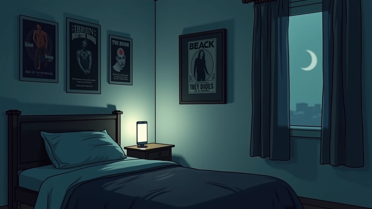 Illustration: a teenager’s bedroom wall covered in music posters, lit only by a phone screen.