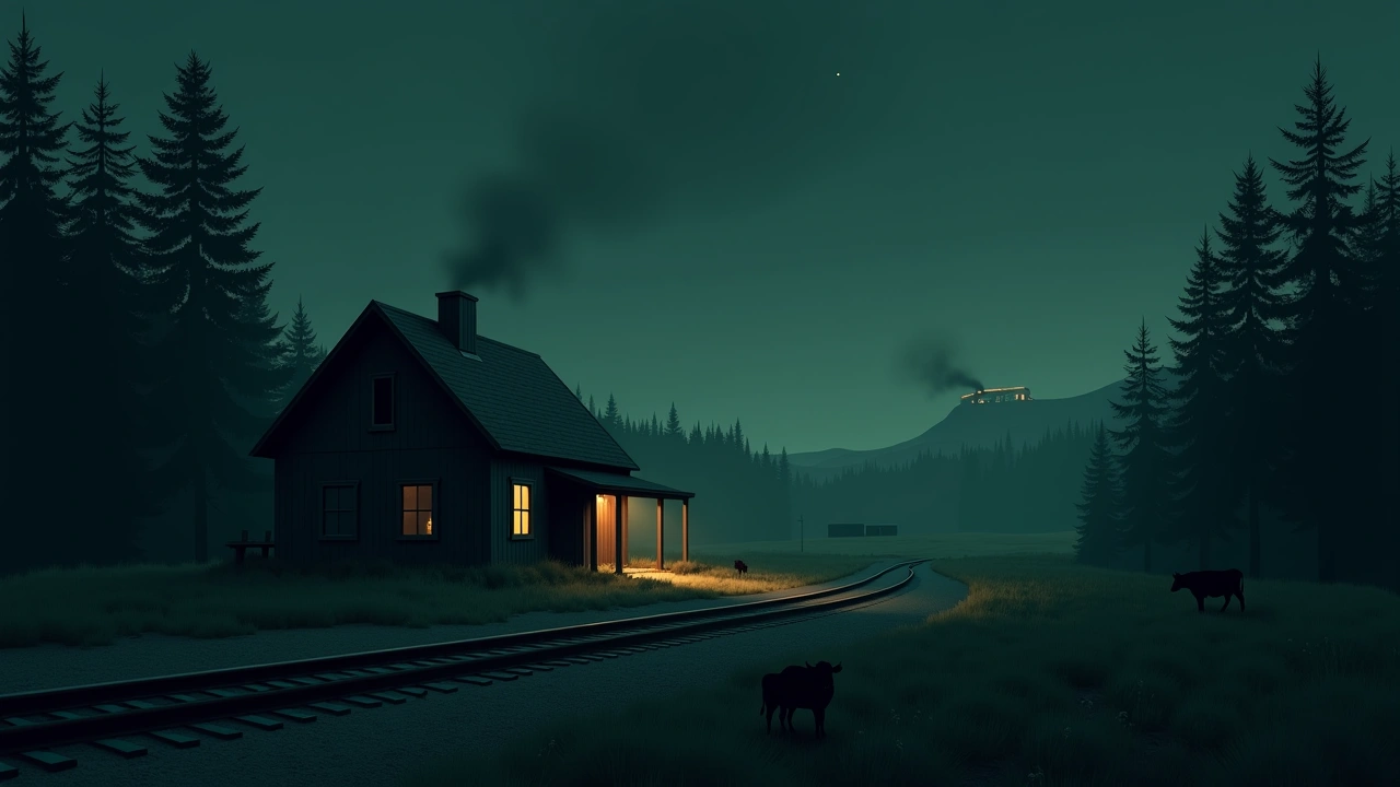 Illustration: a quiet farmhouse at night near train tracks and grazing cows, with a distant coal mine on the horizon.