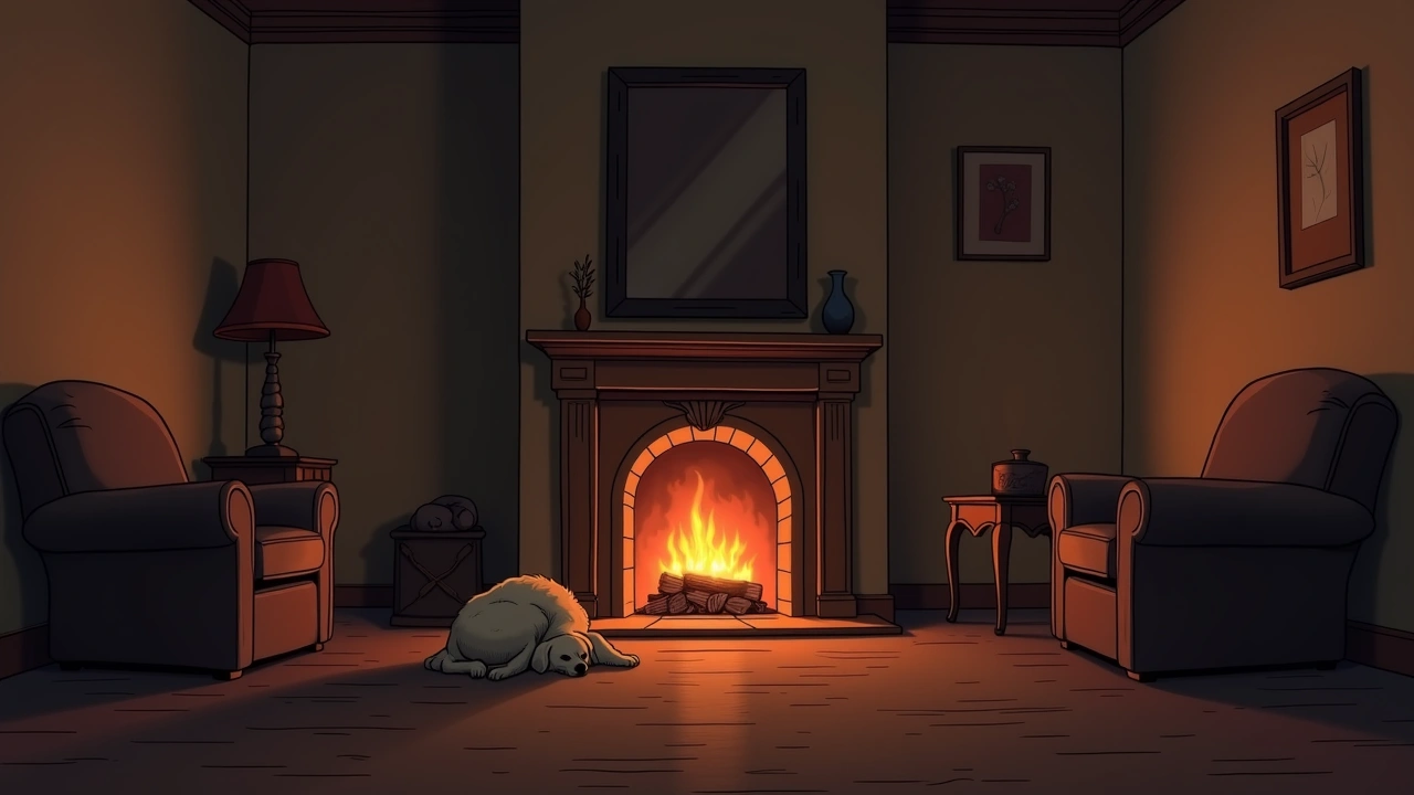 Illustration: a lit fireplace beside pieces of furniture in a quiet living room at night, a dog curled nearby.