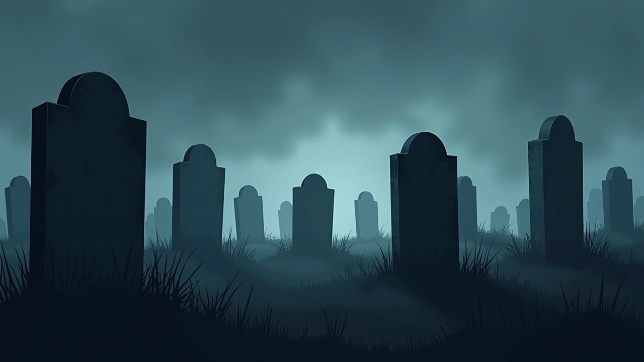 Illustration: a cemetery at dusk with weathered gravestones, a quiet, eerie stillness.