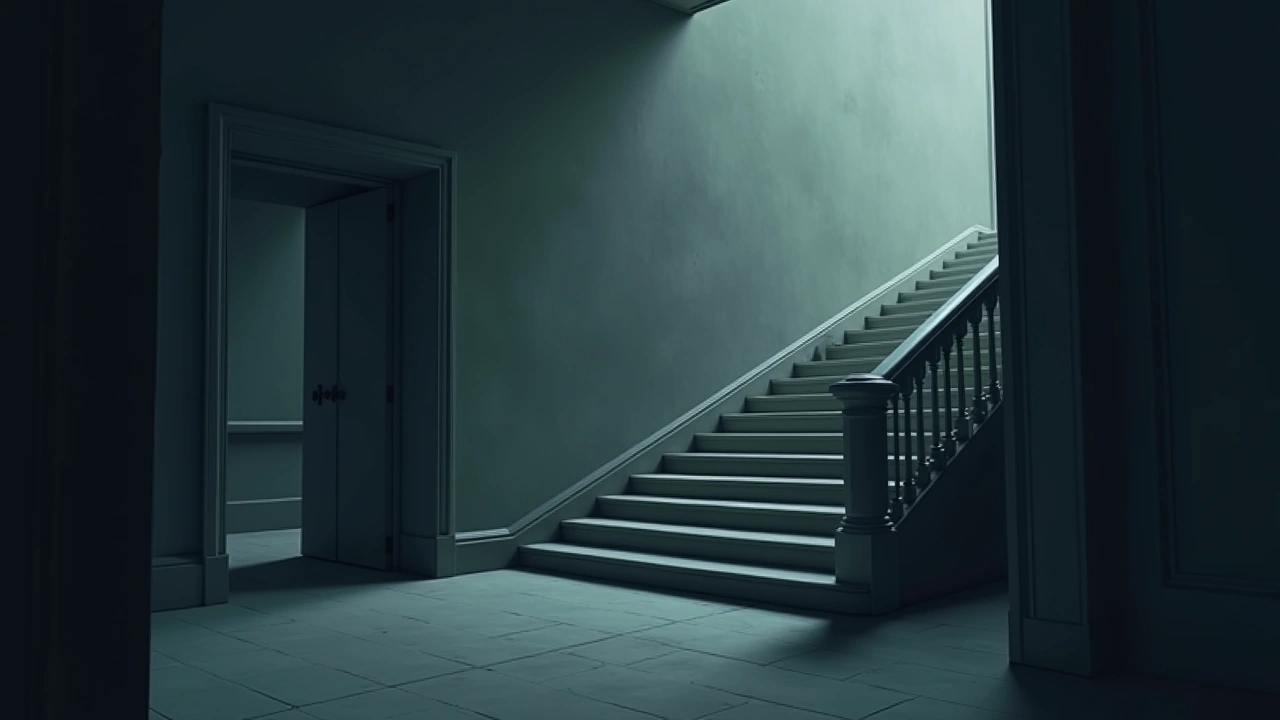 Illustration: A grand staircase inside an old hotel, dimly lit.