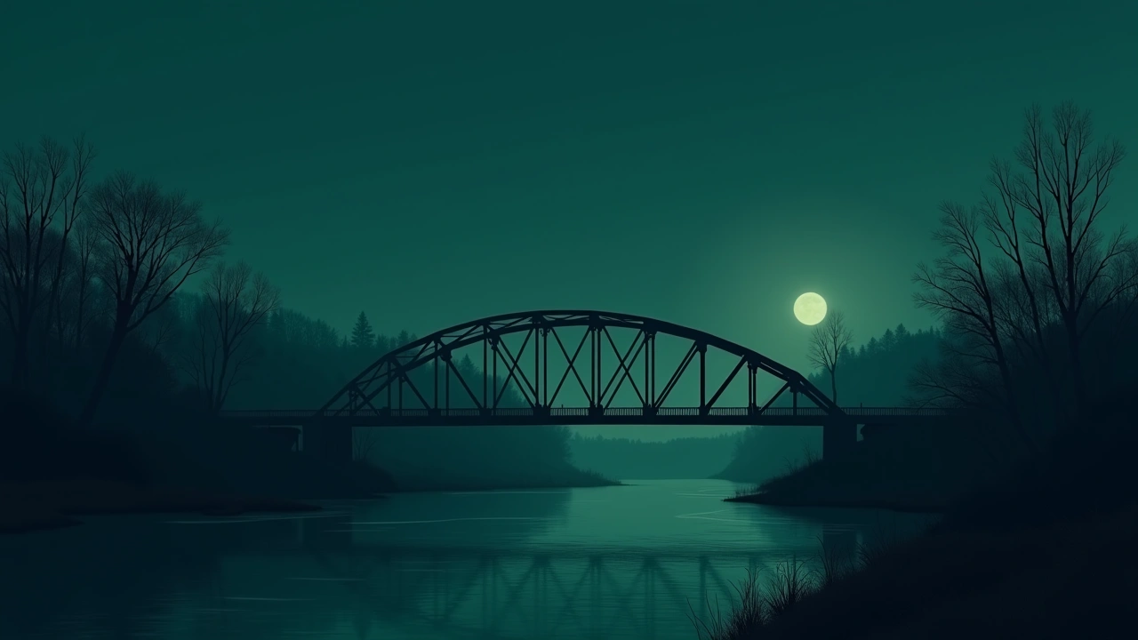 Illustration: a steel truss bridge over a river at dusk.