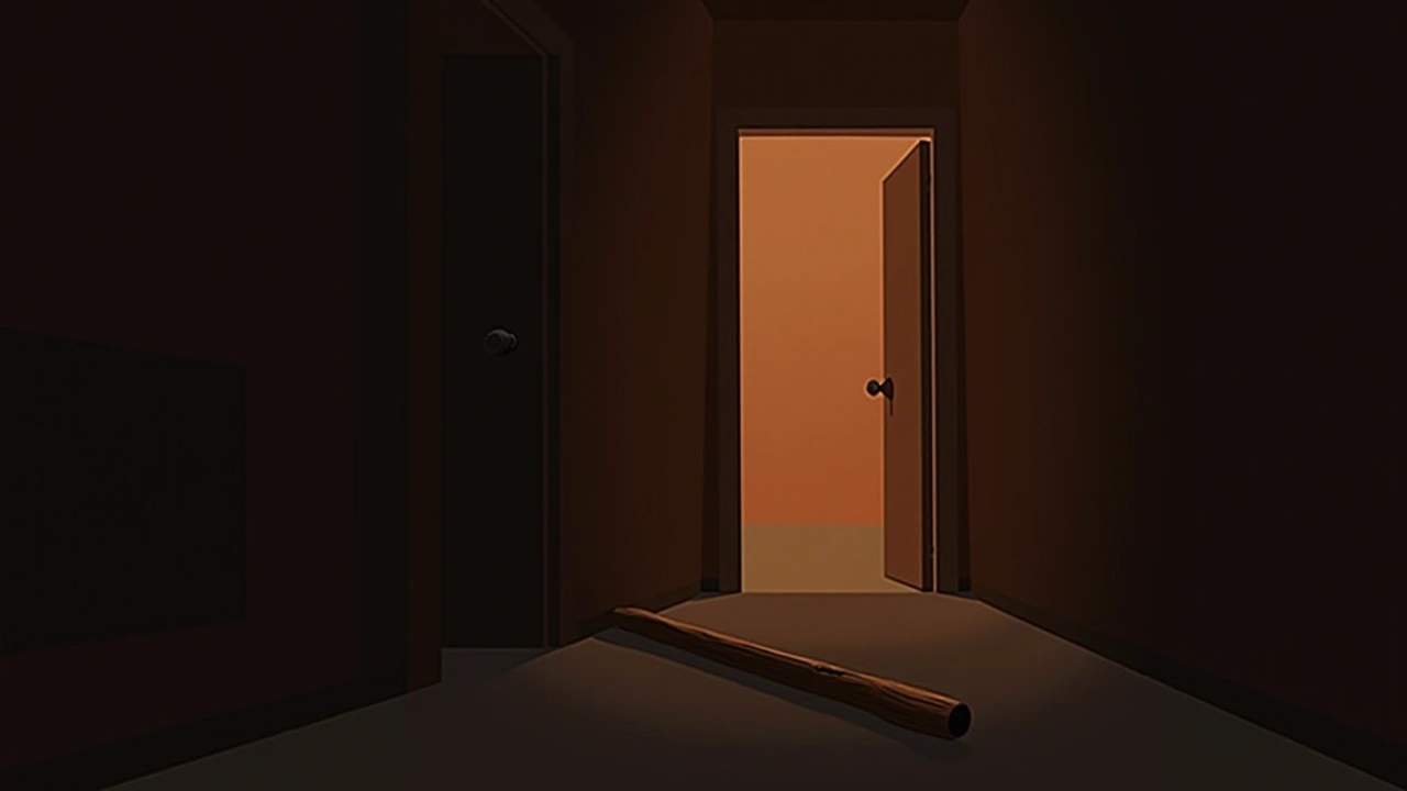 Illustration: a dim hallway at night with a fallen wooden stick on the floor.