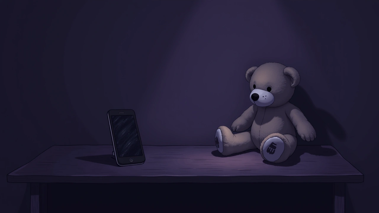 Illustration: a stuffed teddy bear on a table beside a phone with a flickering, shaking screen.