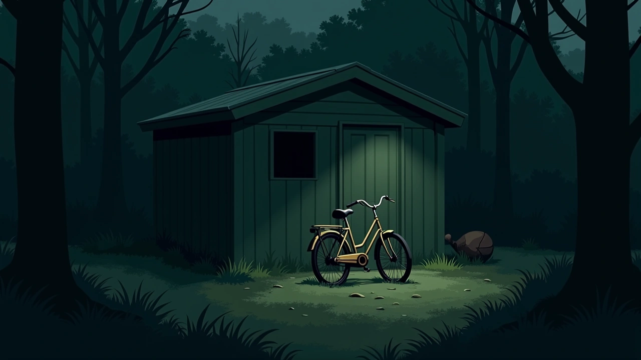 Illustration: An overgrown backyard shed at dusk, its sunken floor revealing a rusted bicycle's handlebars poking through the earth.