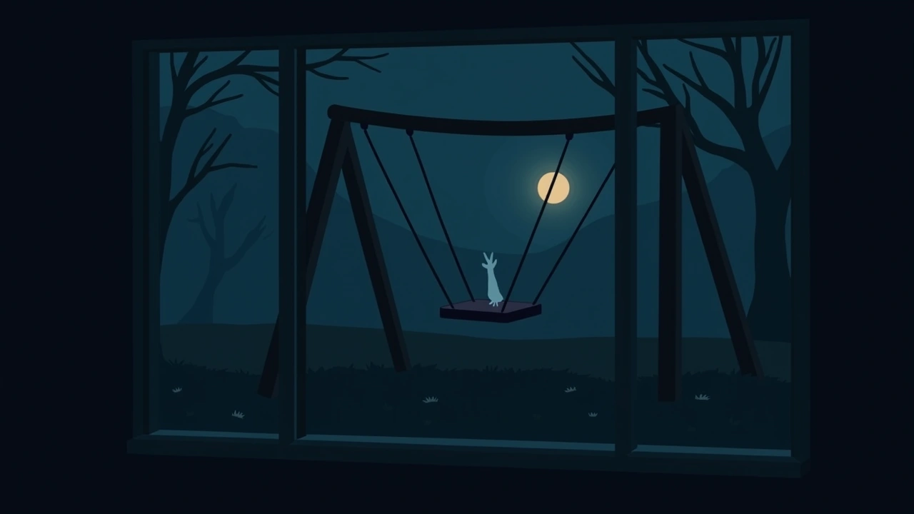 Illustration: a swing set moving on its own in an empty park at dusk, seen through a window.