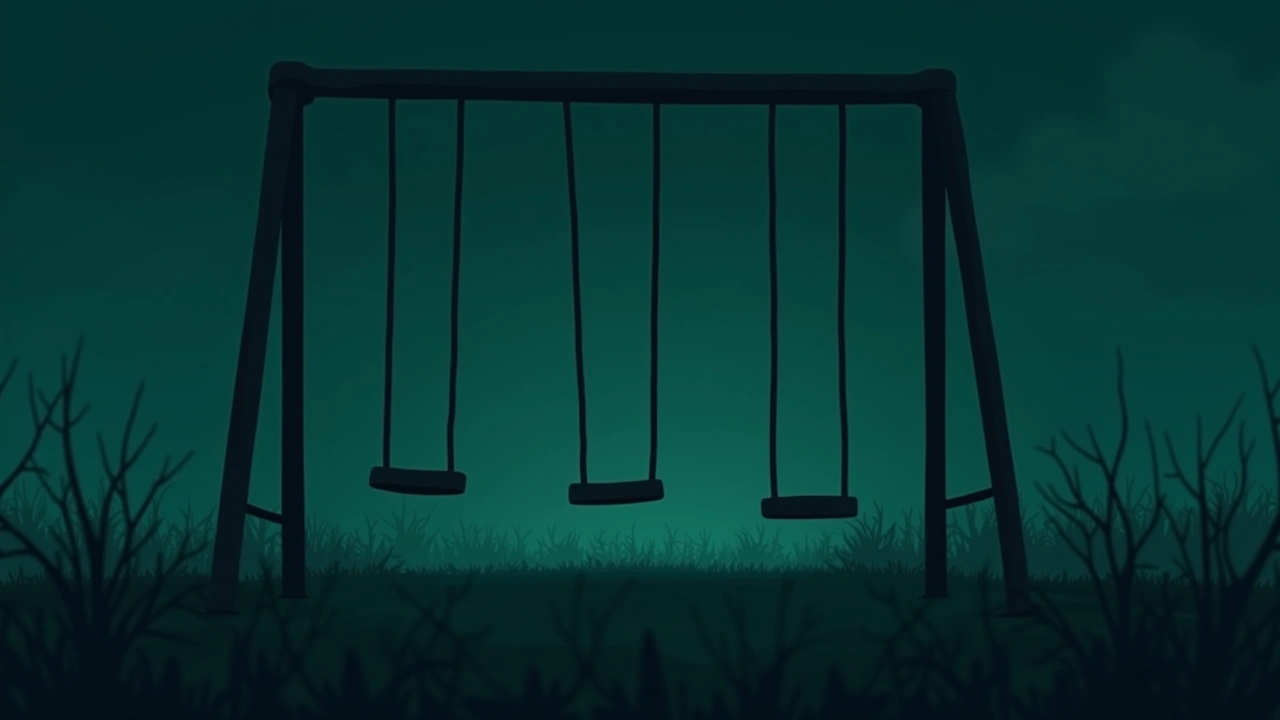 Illustration: an empty playground swing moving on its own at dusk, no wind, no one nearby.