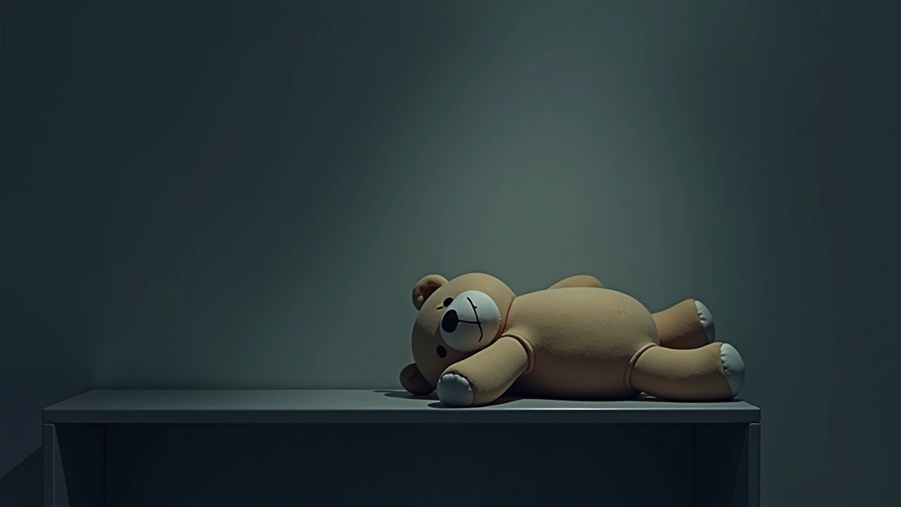 Illustration: a stuffed teddy bear fallen on its side on a shelf, dim office lighting.