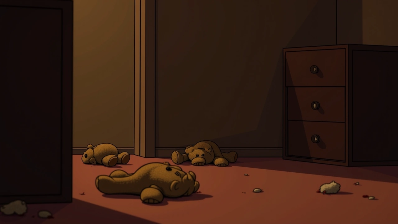 Illustration: a scatter of teddy bears on a bedroom floor at night, one lying apart from the rest.