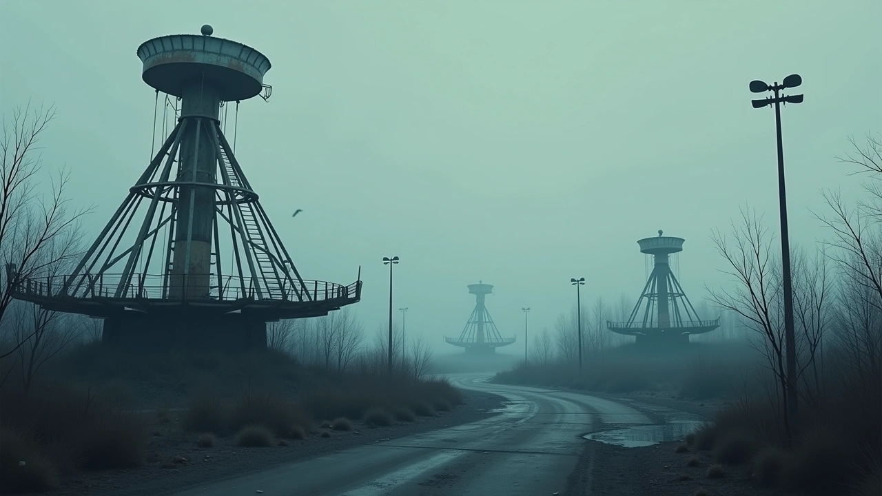 Illustration: a decaying, overgrown amusement park at dusk with rusted, silent ride structures.