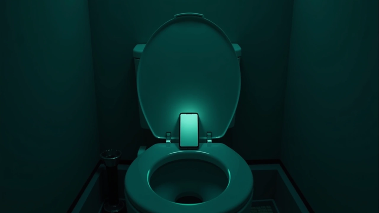 Illustration: a phone resting above an open toilet bowl in a bathroom, screen glowing.