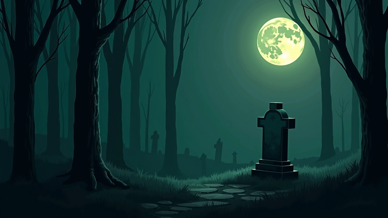 Illustration: a moonlit cemetery with a weathered stone tomb.