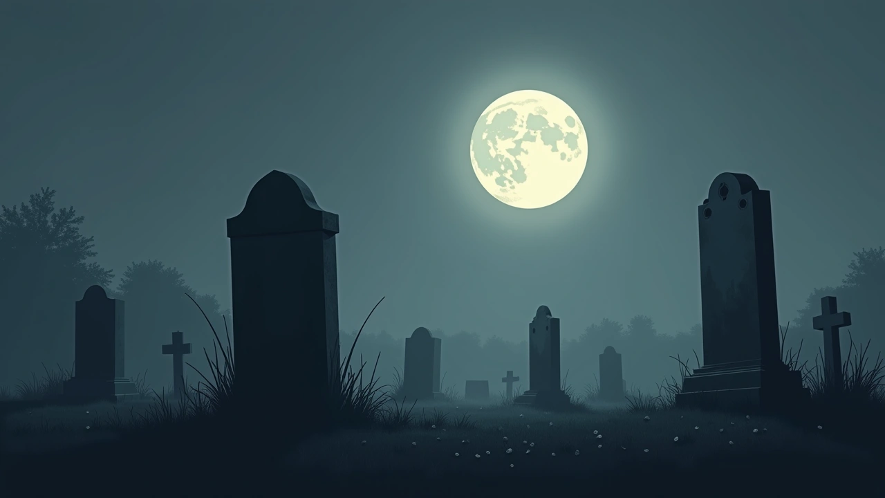 Illustration: a quiet cemetery at night, weathered tombstones under pale moonlight.