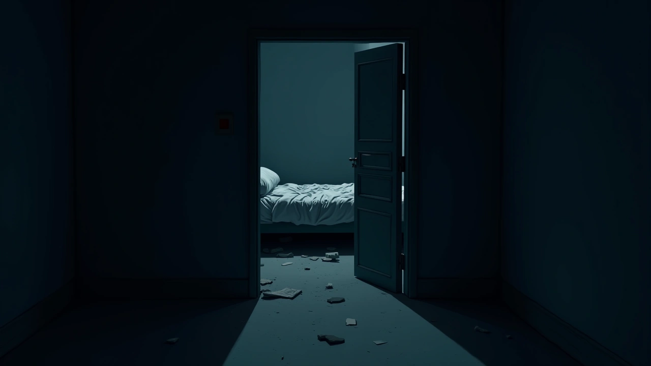 Illustration: a dim upper-floor hallway in an old abandoned building, a torn-apart bed visible through an open doorway.