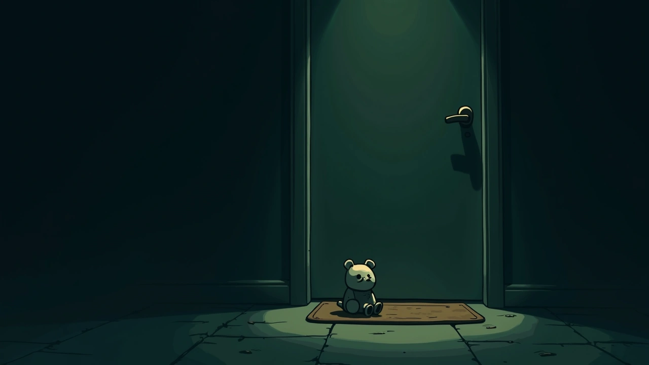 Illustration: a child's toy sitting alone on a doormat in front of a closed front door.