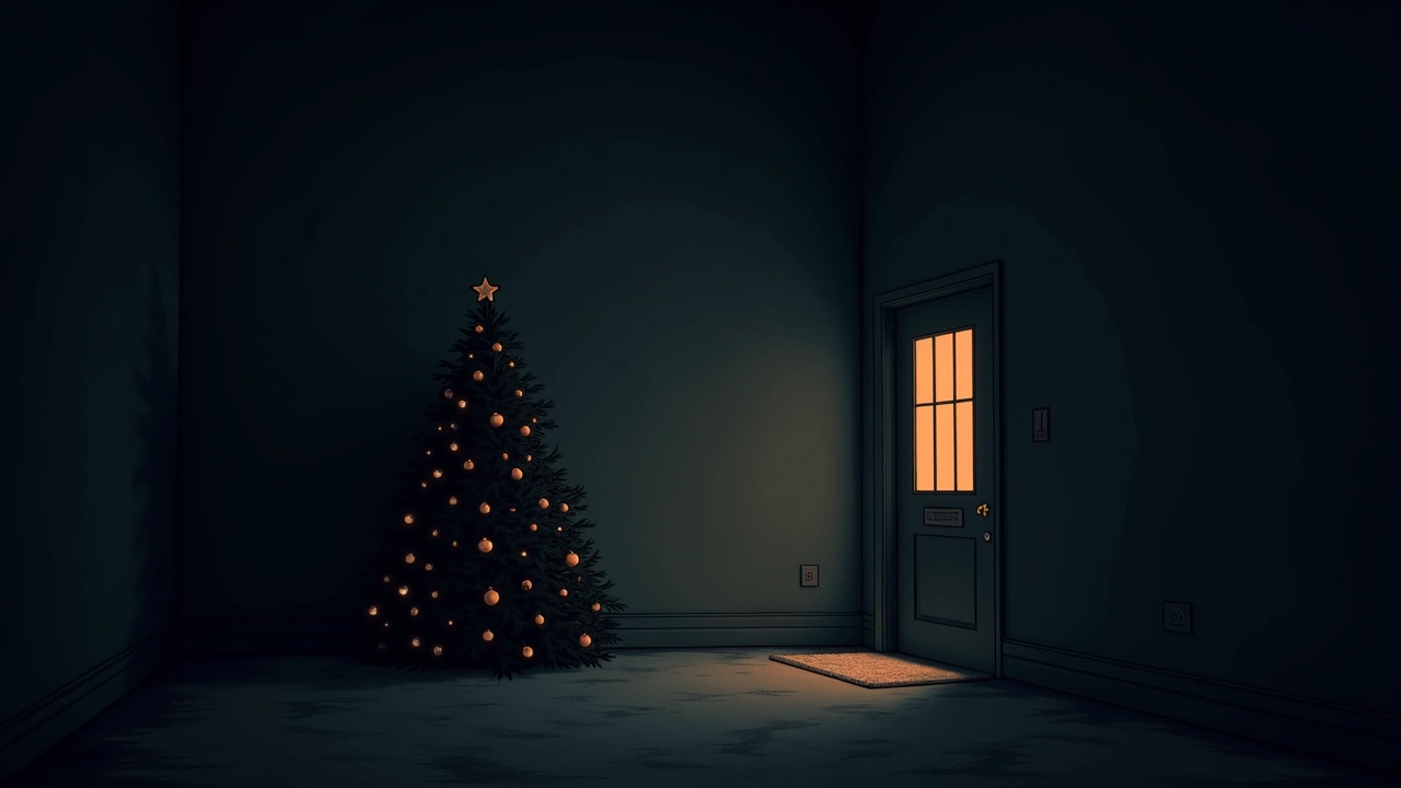 Illustration: A dimly lit funeral home with a Christmas tree covered in ornaments, deep shadows filling the corners of the room.