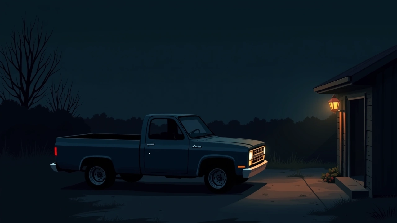 Illustration: an old dark blue pickup truck parked in a driveway at dusk.