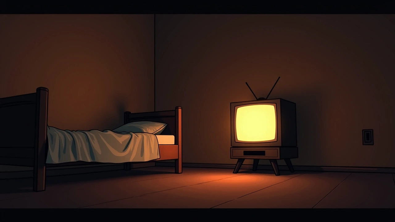 Illustration: a child's bedroom at night, a television glowing on its own in the dark.