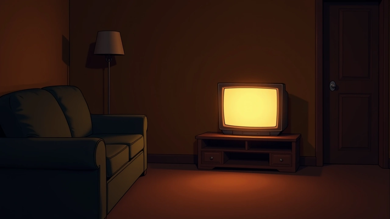 Illustration: a television glowing on by itself in a dim, empty living room.