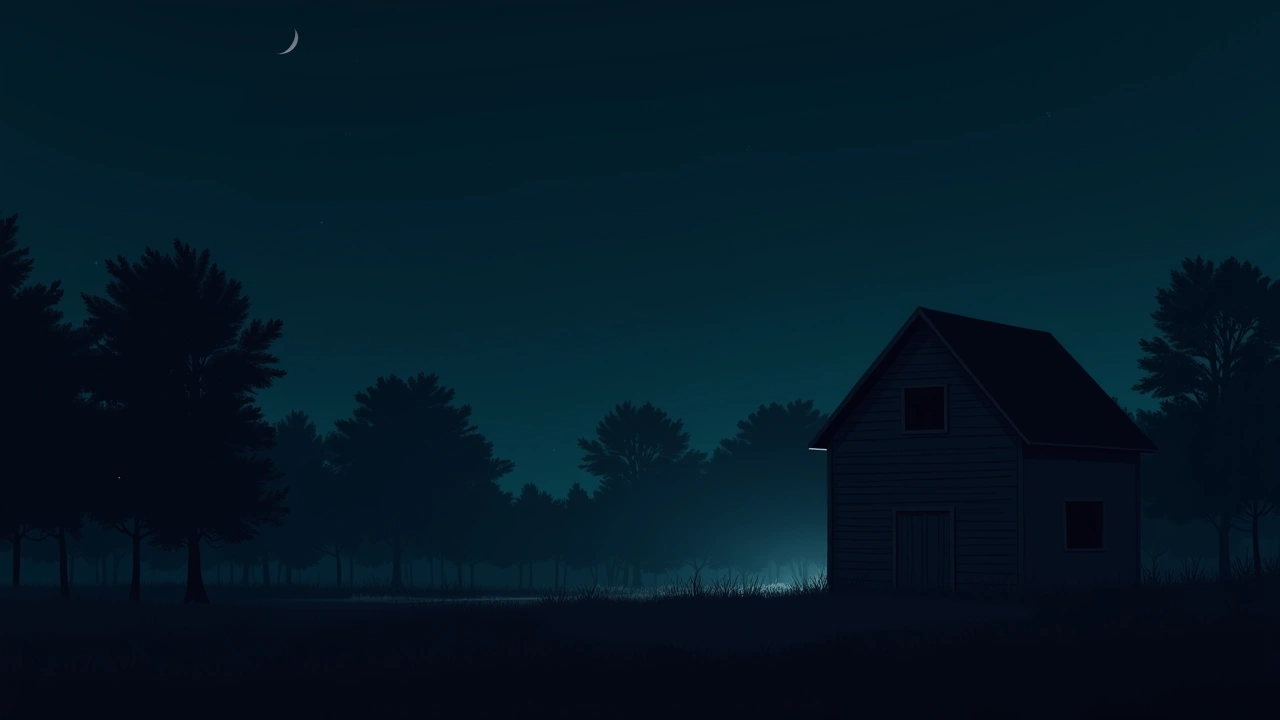Illustration: an empty plot of ground beside a newly built house at dusk, where two barns once stood.