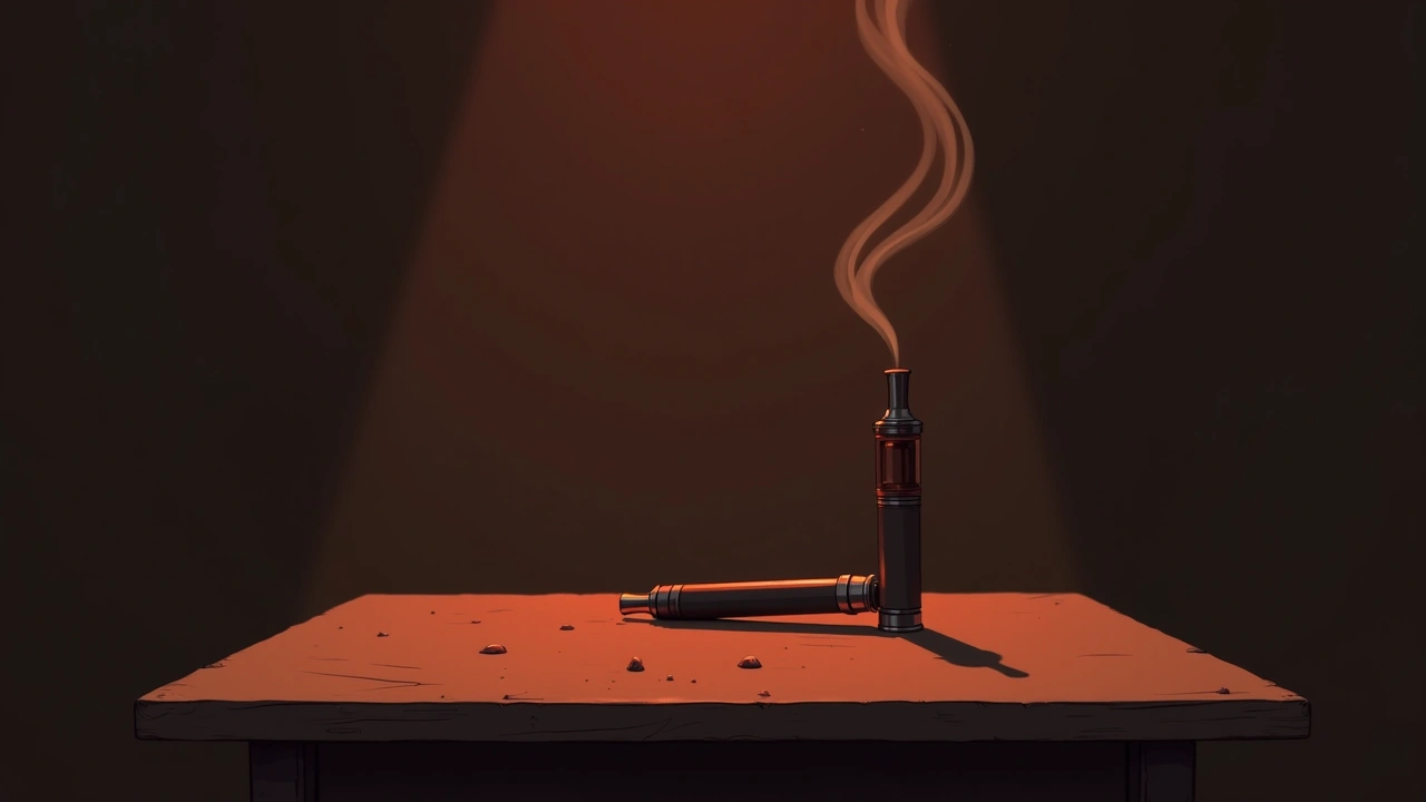 Illustration: a vape pen resting on a table in a dim, quiet room, a thin wisp of vapor still rising.