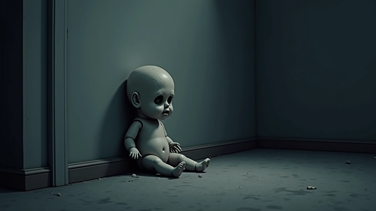 Illustration: a very old doll propped in the dim corner of a room at night.