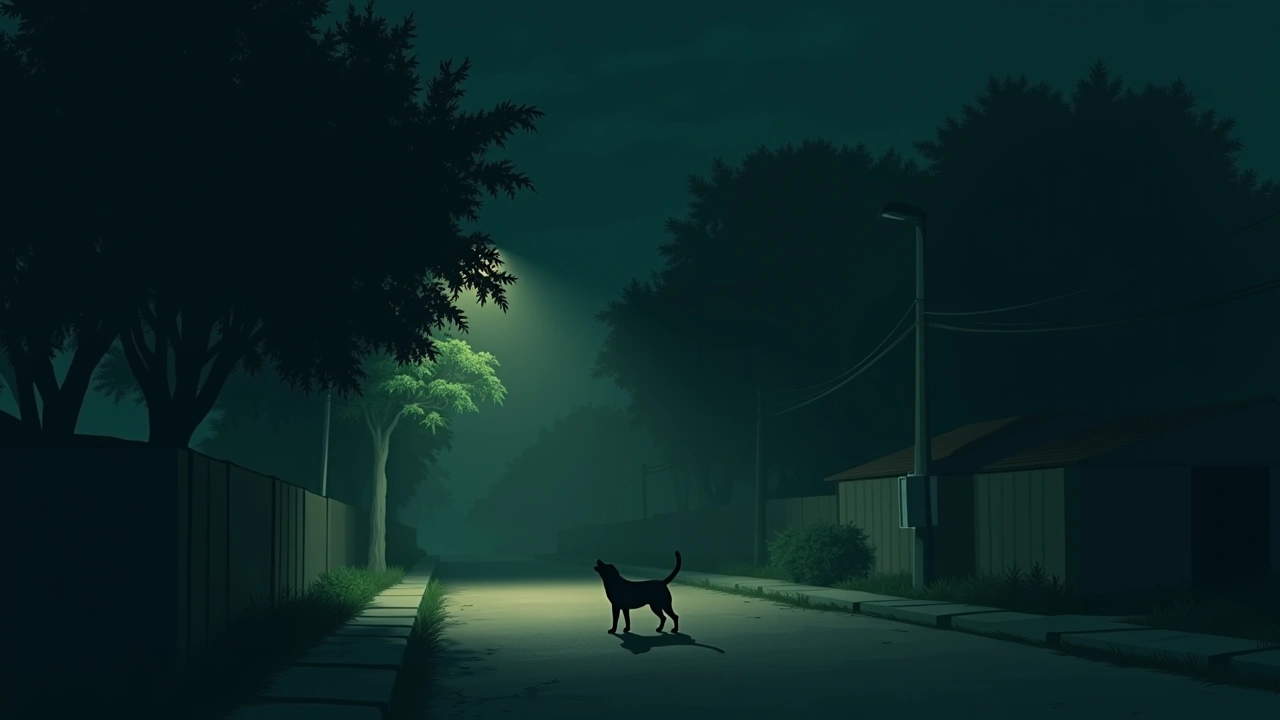 Illustration: a mango tree across a quiet street at dusk, with two dogs howling toward it.