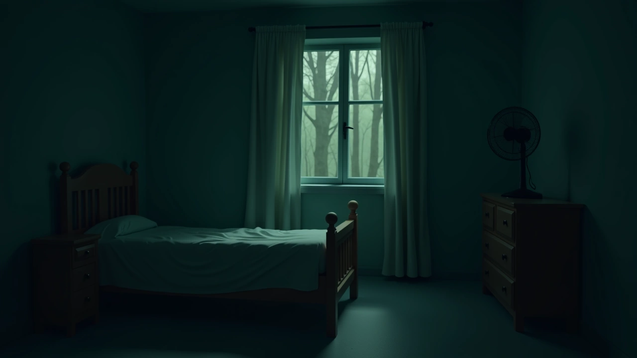 Illustration: a dim bedroom before dawn, a fan blowing in the low light.