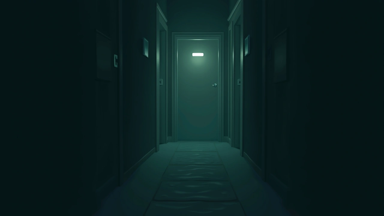 Illustration: a dim hallway leading toward a closed bathroom door at night.
