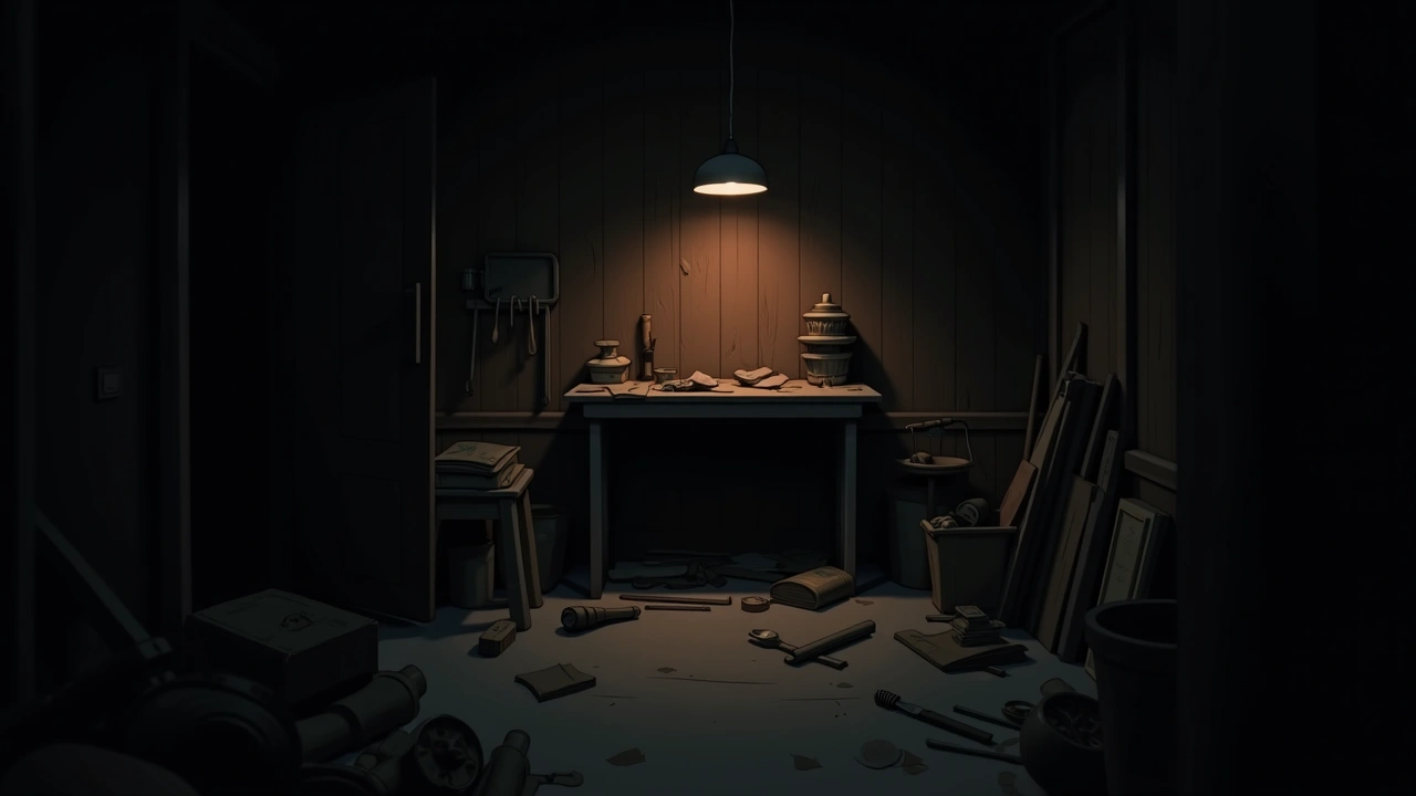 Illustration: a cluttered back room workshop with tools laid out in dim light.