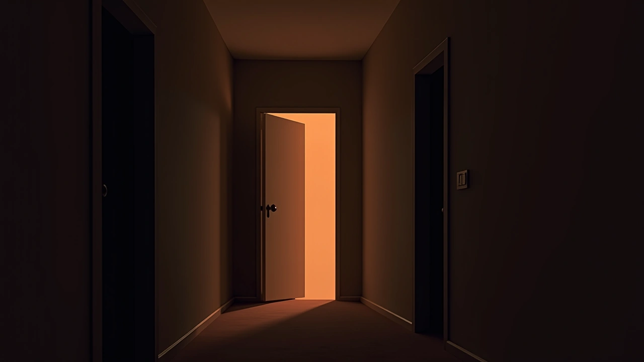 Illustration: a dim apartment hallway near midnight, one bedroom door standing ajar.