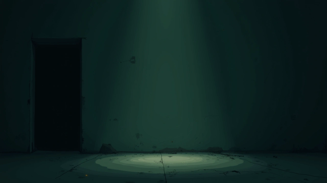 Illustration: a bare wall in an empty room, dim light along the floor.