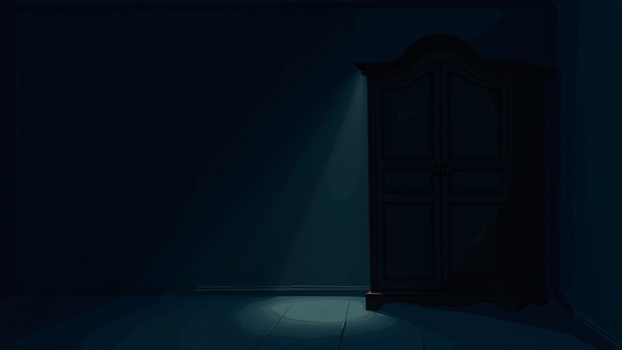 Illustration: a dim bedroom beside an old wooden wardrobe, a faint glow across the floor.