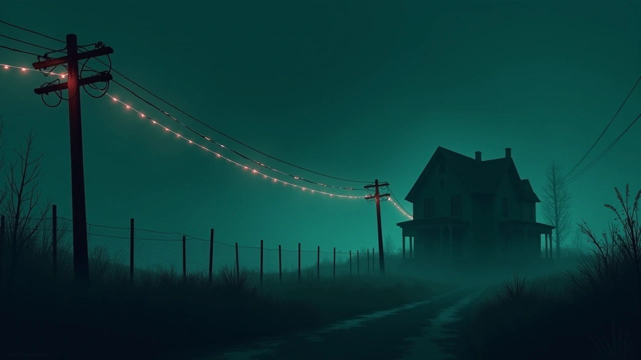 Illustration: a rusty electric fence wire glinting faintly in the dark near an old haunted house.