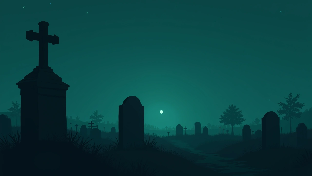Illustration: An unmarked grave in an old cemetery at dusk, in a small rural town.