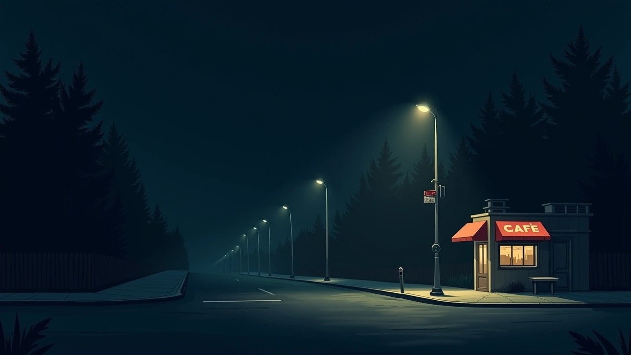 Illustration: a street intersection at night near a small café, streetlights glowing.