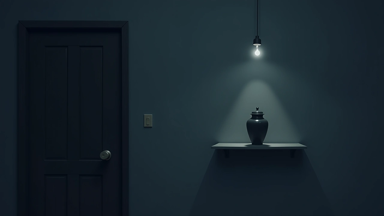 Illustration: a small urn on a shelf in a quiet, dim bedroom.
