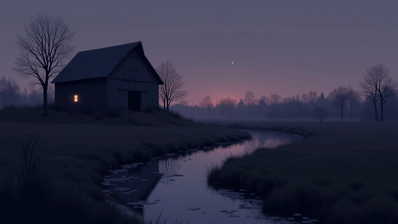 Illustration: an old wooden barn beside a creek at dusk.