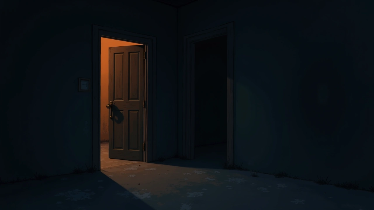 Illustration: an old wooden front door at dusk seen from a dim hallway inside.
