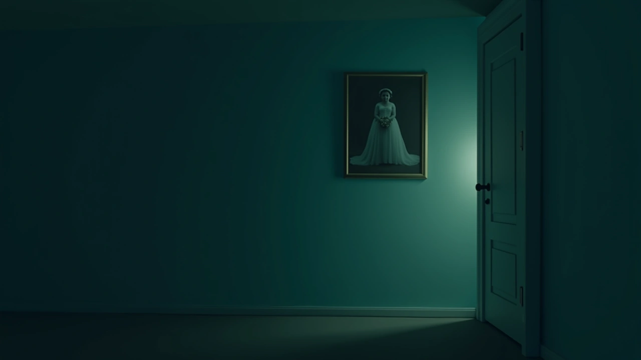 Illustration: a framed wedding photograph on a wall in a dim room.